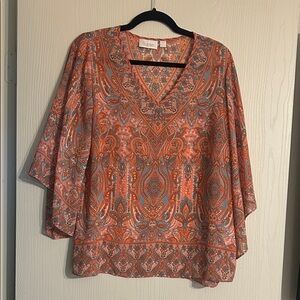 Belle by Kim Gravel Paisley V-Neck Blouse - Orange and Blue